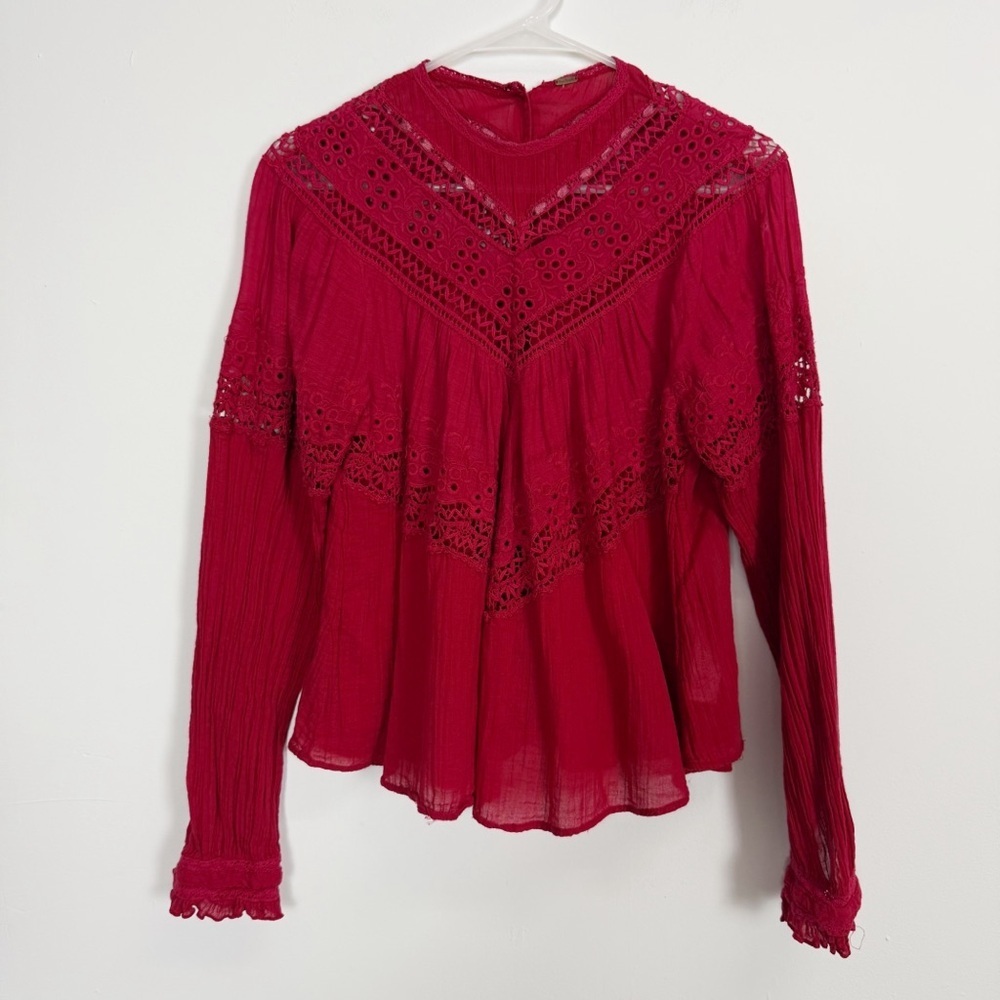 Free People Abigail Top Womens Size XS Red Eyelet Victorian Shirt Back Button